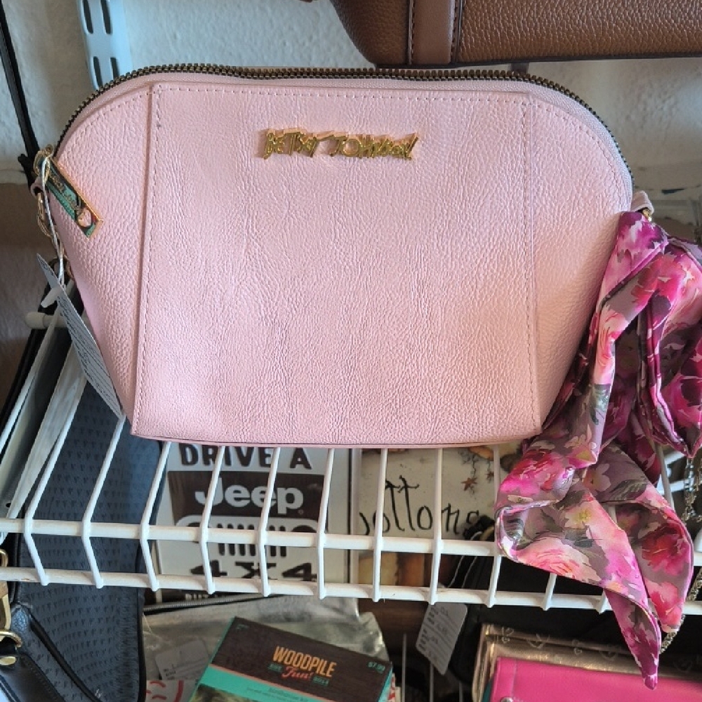 Betsey Johnson Light Pink Faux Leather Cosmetic Pouch with Gold Hardware